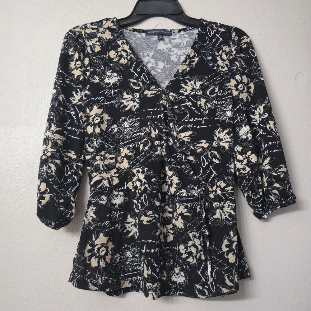 Adrienne Vittadini Womens Black Floral Script Faux Wrap Peplum Top VK34493 Small